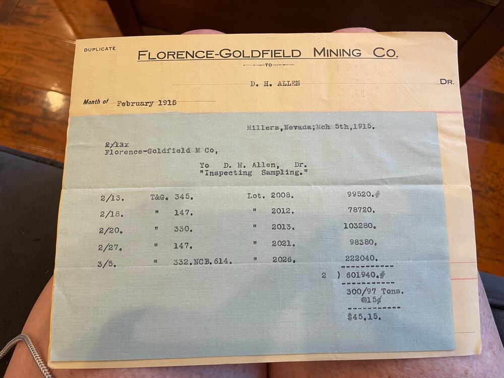 1914-1915 Florence-Goldfield Mining Co Nevada Ore Sampling Vouchers Lot